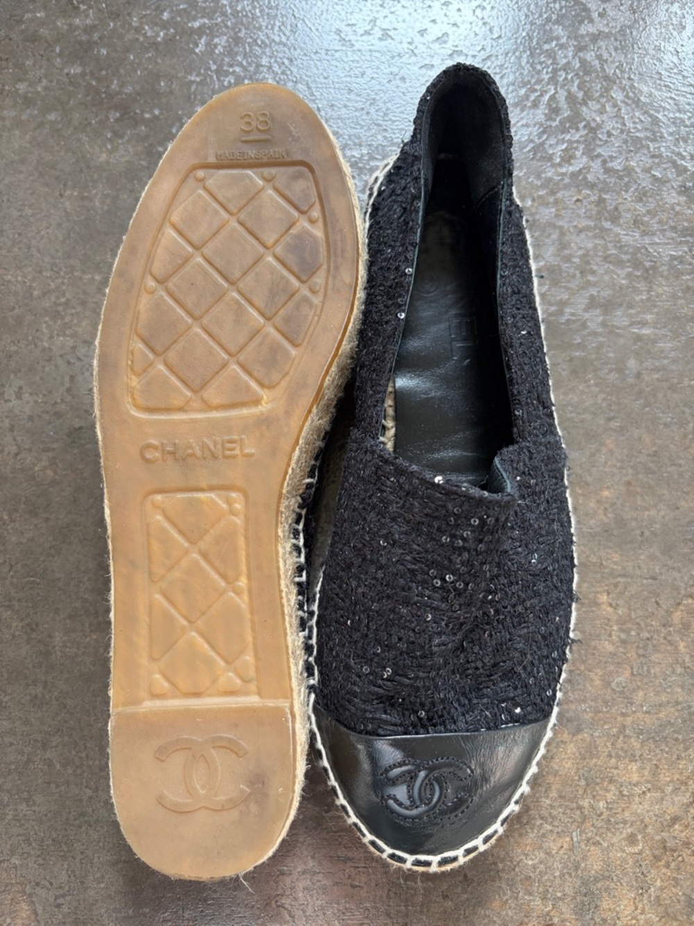 CHANEL Black Tweed & Leather Sequin Espadrilles - Picture 2 of 6